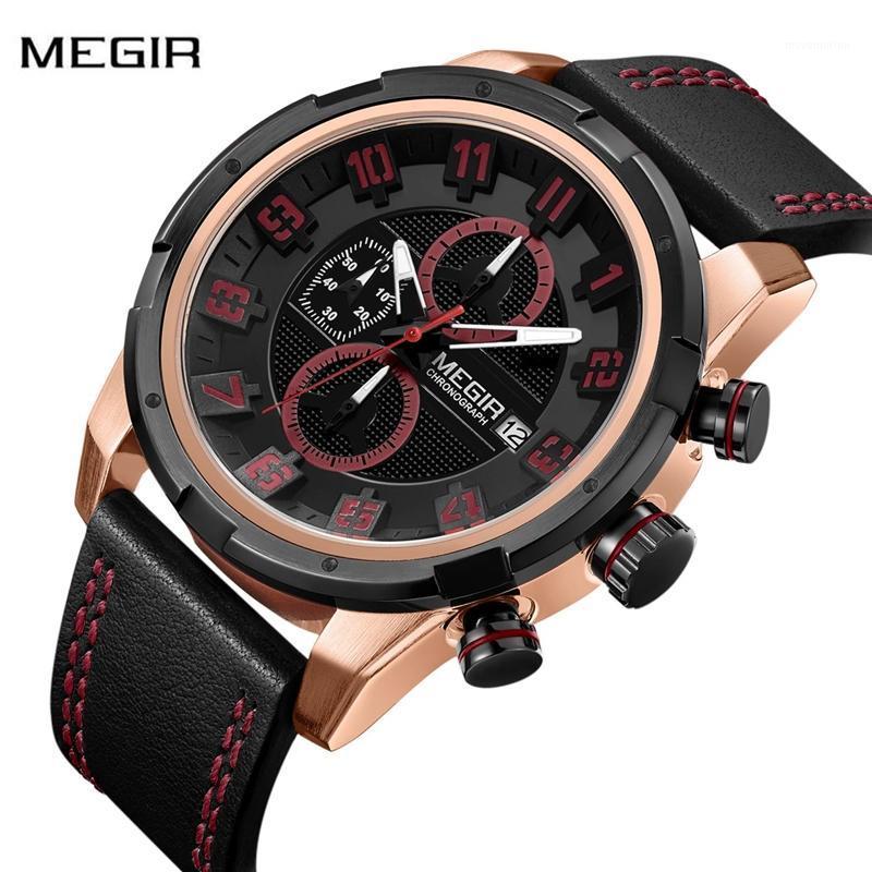 

New Fashion MEGIR Watch Men Chronograph Sport Watch Mens Watches Top Auto Date Waterproof Clock horloges mannen1, Brown