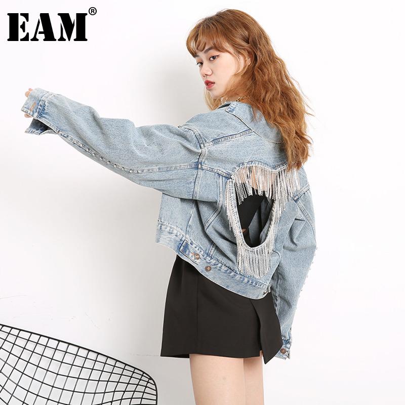 

EAM] Loose Fit Blue Hollow Out Denim Rhinestones Jacket New Lapel Long Sleeve Women Coat Fashion Spring Autumn 2020 1X90305, Light blue