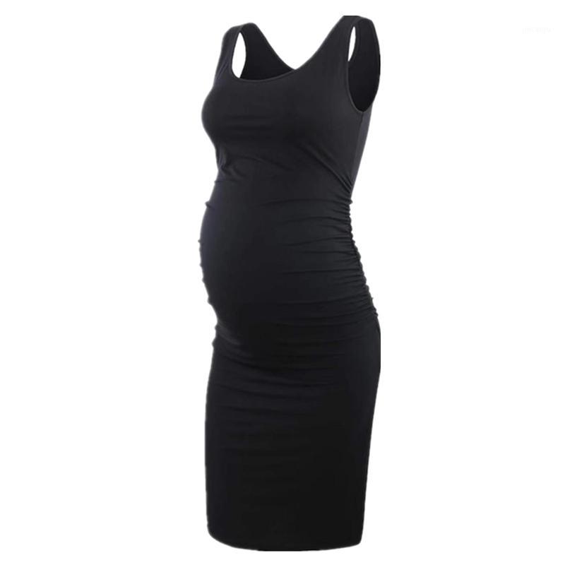

Women Maternity Dress Sleeveless Tank Dresses Side Ruching Striped Pregnancy Dress Casual Knee Length O-neck Solid Pregnant Tops1, Black