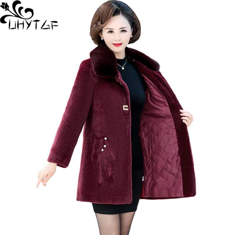 

UHYTGF Mother Autumn Winter Woolen Coat Quality Mink Fleece Casual Warm Women's Jacket Fashion Fur Collar Plus Size Clothes 1357, Orange