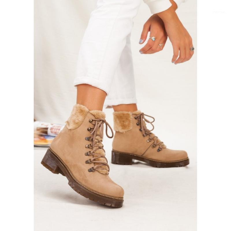 

Mink Color PU Leather Suede Furry New Season 2021 Winter Autmn Fashion Stylish Standard Mold Lace-Up Women Female Lady Boots1