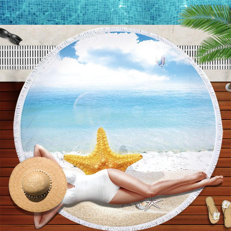 

Round Beach Towel for Adults Scenic Starfish Tassel Tapestry Microfiber Blanket1