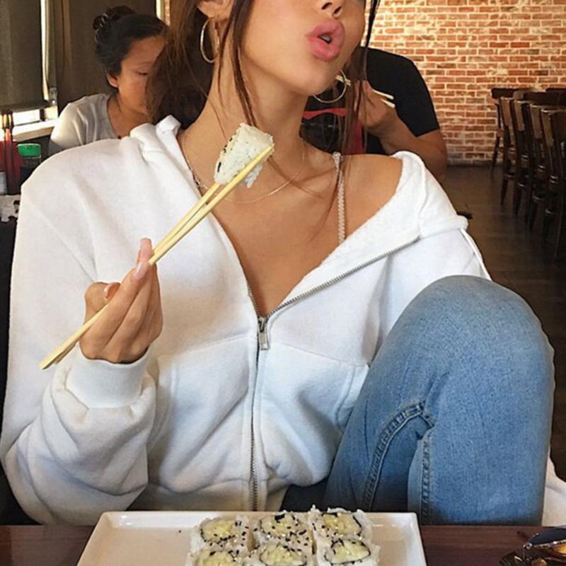 

Zip-Up Autumn Winter Women Hoodies Pockets Slim Crop Jacket Female Clothes Drawstring White Sexy Hoody Cotton Coats