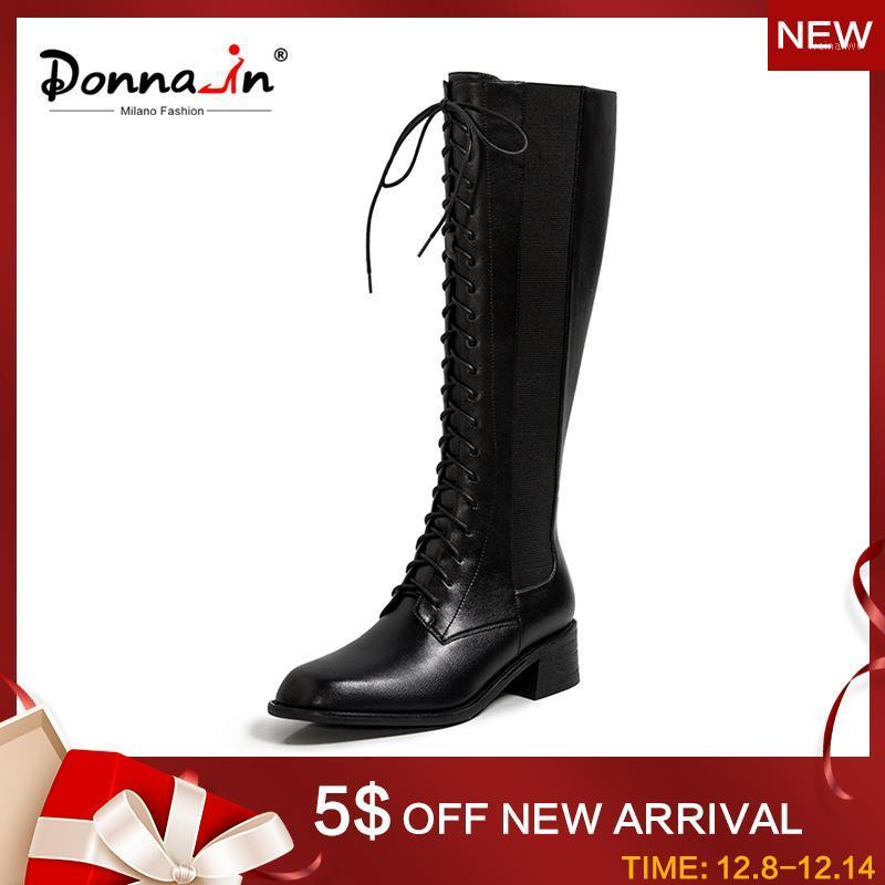 

Donna-in 2020 New Winter Stretch Round Head High Women Boots Short Plush Warm Lace-up Genuine Leather Knight Boots Women' Shoes1, Black