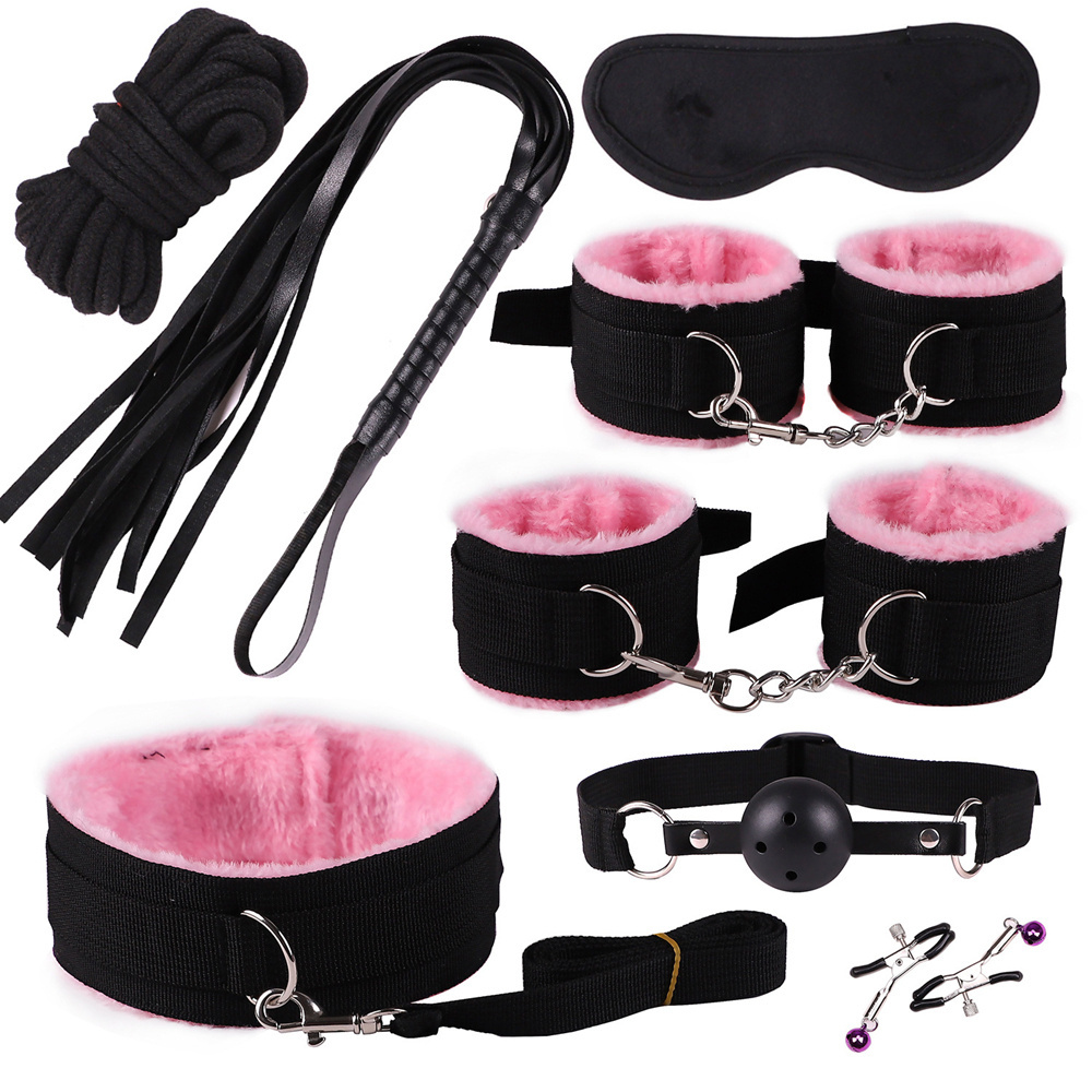 Massage SM Jeux de Sexe Menottes Bdsm Bondage Ensemble Collier D'esclave Menottes À Main Boule De Retenue Bouche Gag Sex Toy Pour Couples Jeu Éro