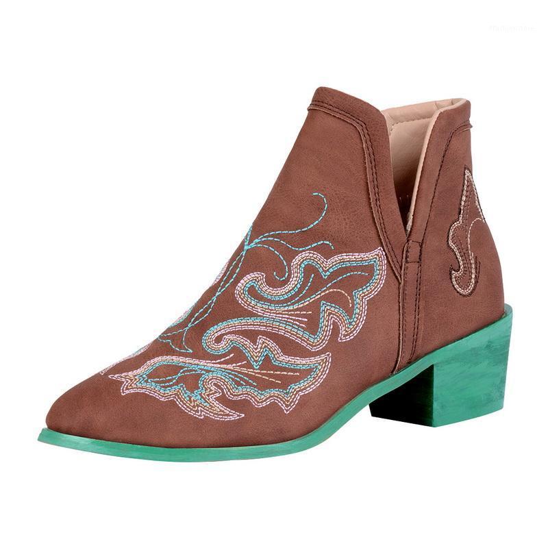 

2020 Leather Boots Women Genuine Pointed Toe Ankle Boots Thick Square Heel Slip On Western Cowboy Women1, Beige