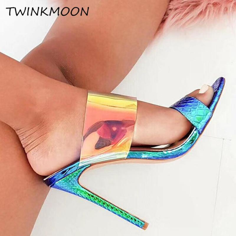 

Multicolor Blue Slip On Sandal 2021 High Heels Summer Shoes Open Toe Party Prom Fashion Women Sandals Femme Size 35-40, Multicolor silver
