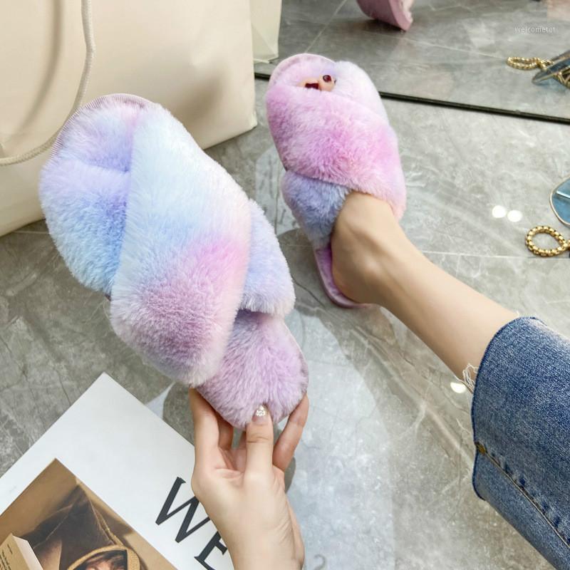 

Women Slippers 2020 Winter Shoes Flat Sweet Home Slippers Woman Indoor Shoes Fur Warm Soft Slip on Color Gradient Female Slipper1, Blue
