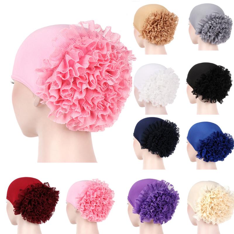 

2020 New Women Muslim Floral Soft Polyester Turban Solid Knotted Hat Chemo Cap Hair Loss Head Scarf Lace Wrap Cap Hair Accessory, Bg