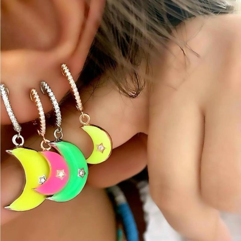 

colorful girl women jewelry 2020 Christmas gift Neon enamel star moon charm dangle hoop earring gold color