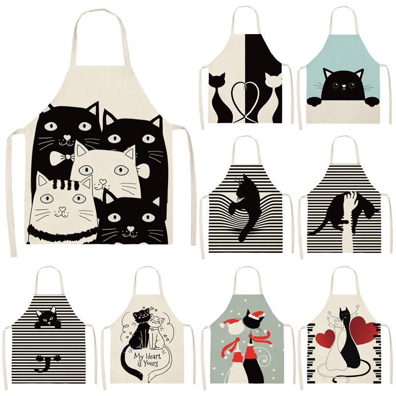 

1Pcs Black Cat Pattern Cleaning Colorful Aprons Home Cooking Kitchen Apron Cook Wear Cotton Linen Adult Bibs 53*65cm WQL0206