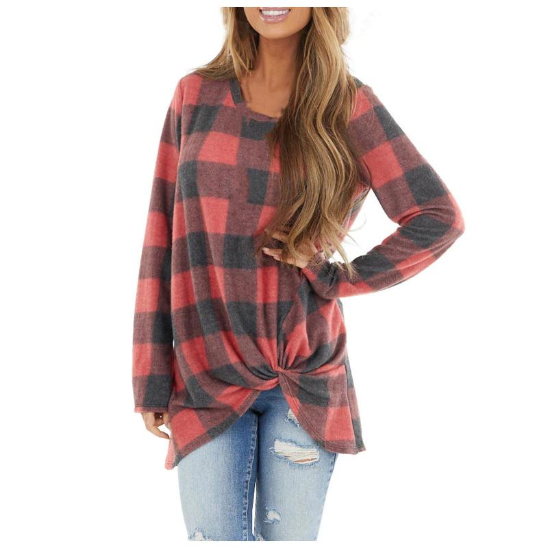 

Plaid Print T Shirt Women Long Sleeve O Neck Knot Ladies T-shirt Pullover Tops Camisas De Mujer Women Tshirts Bluzka Damska, Red