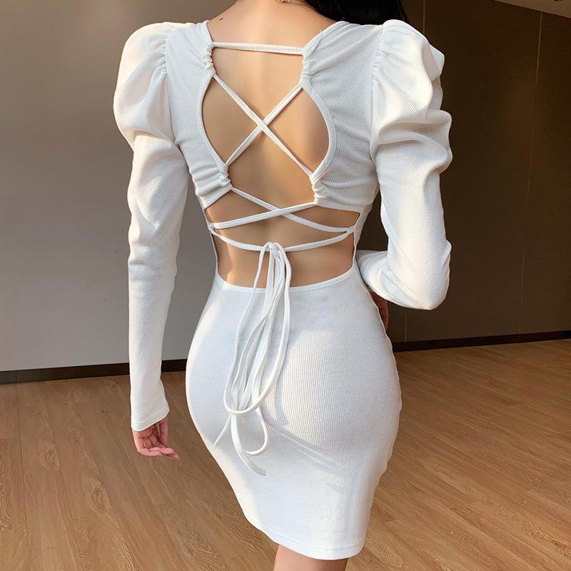 

United States in the fall of the new 22346 p sexy long-sleeved hubble-bubble sleeve dress behind back strap, Black