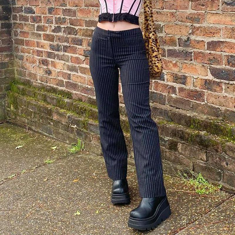 

Women Black Casual Straight Pants Office Lady High Waist Slim Fit Striped Fashion Long Trousers Elegant Suit Pants, As pic