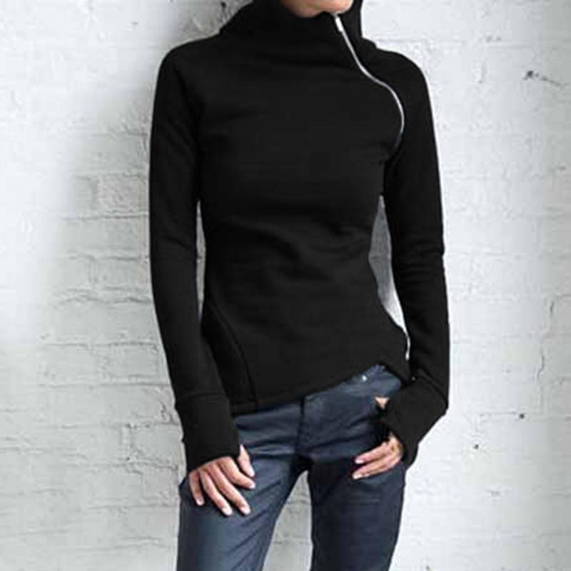

Winter Women Casual Solid Tshirt Long Sleeve Girl Pullover Turtleneck Zipper Sweatshirt Black Top Women Gothic Streetwear, White