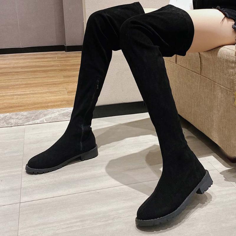 

RIBETRINI Female Solid Low Heel Casual Knee High Shoes Over The Knee Women Boots Brand Stylish Skipproof Sole Boots, Black pu