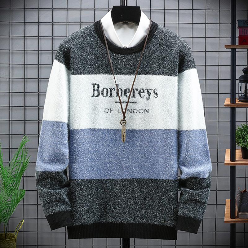 

Autumn Winter O-neck Pullover Knitting Letter Decor Stretchy Thick Warm Fashion Casual Matching Color Loose Quality Sweater, 6606 khaki