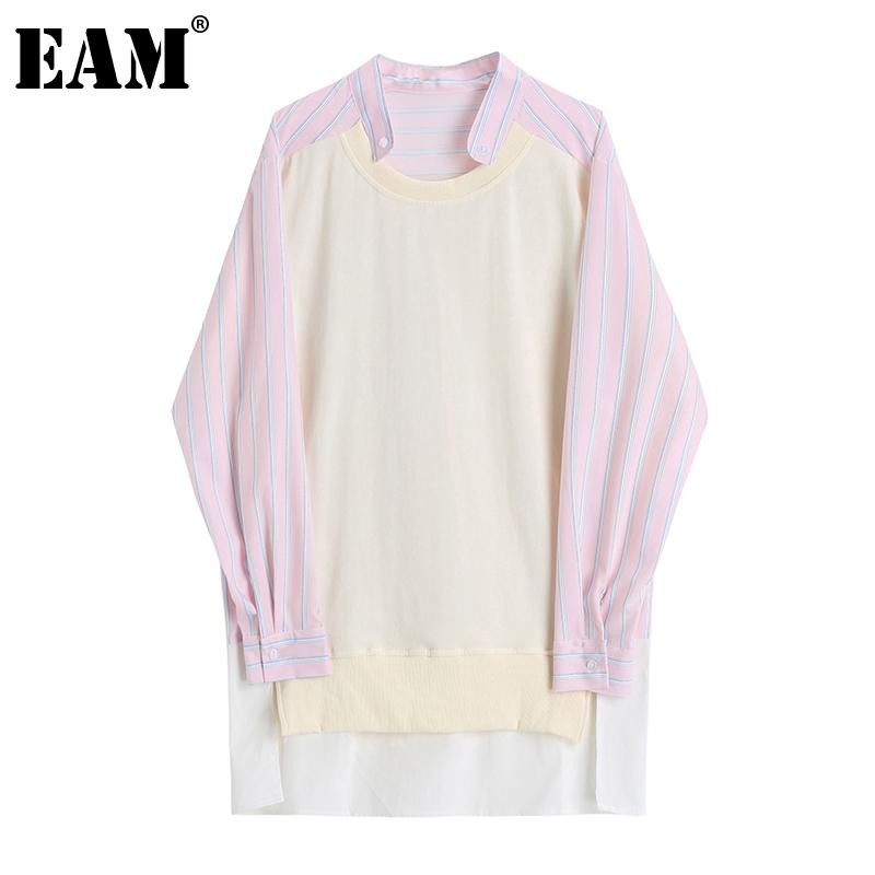 

EAM] Women Plaid Irrgular Big Size Long Blouse New Round Neck Long Sleeve Loose Fit Shirt Fashion Spring Autumn 2020 1DD0351, Picture color
