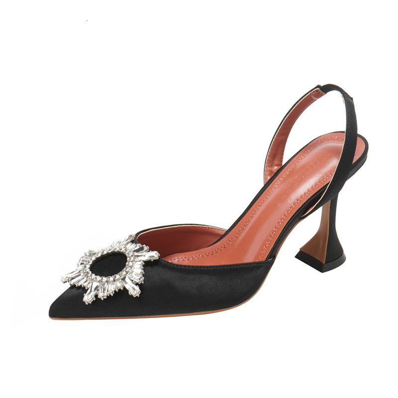 

2021 New Sun Flower Crystal Buckle Heels Women Stiletto Tip Sandals Black Sexy Dress Ladies Spring Heeled Shoes Naw2, Rose red