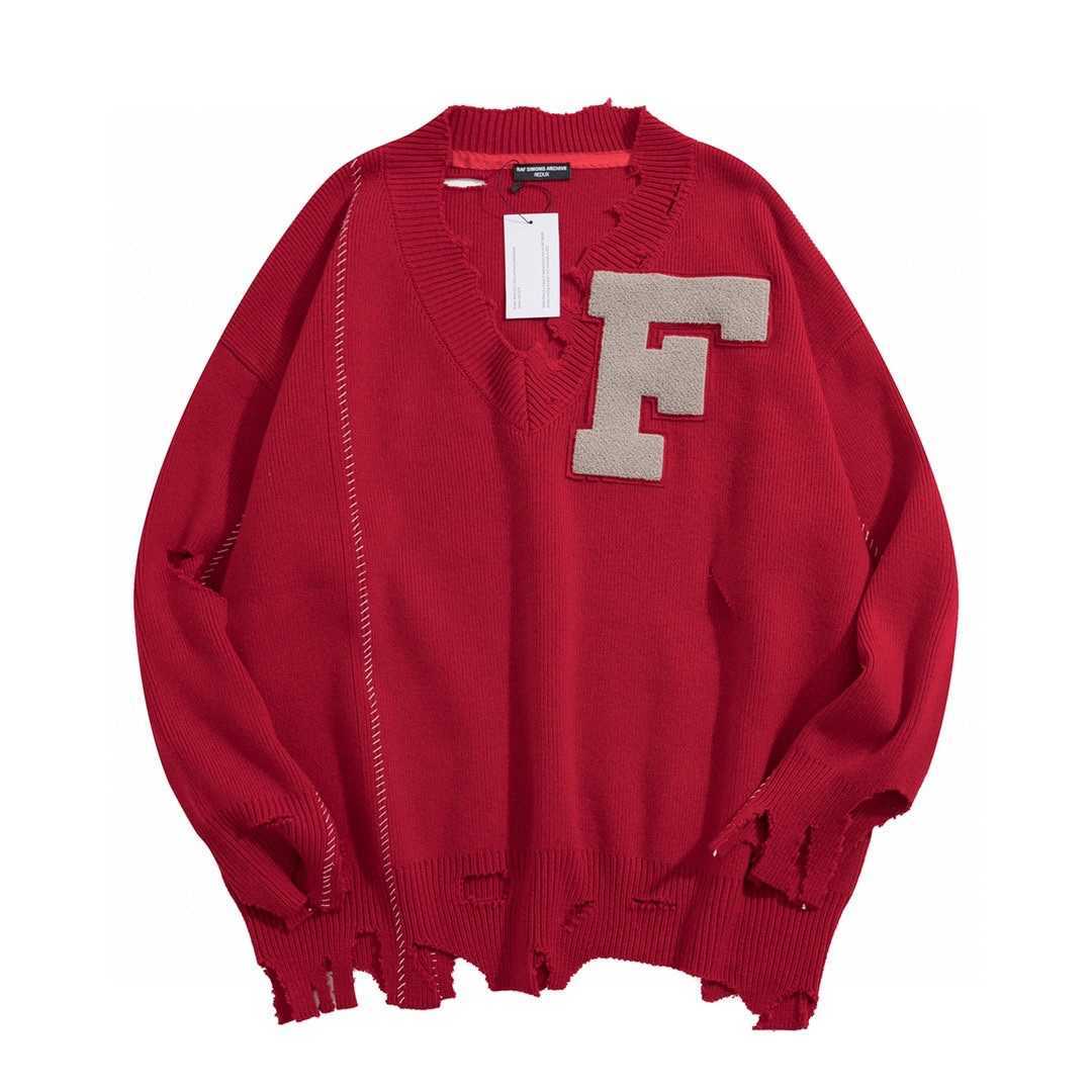 

Men' Sweaters Completely correct details - Raf Simons pure manual destruction of F letter pasted wool sweater, Red