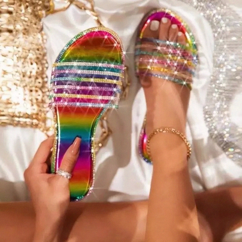 

Summer New Outdoor Female Beach Slippers High-quality Handmade Fashion Sexy Roman Rhinestones Plus Size Flat Women's Slippers 43 #6D56