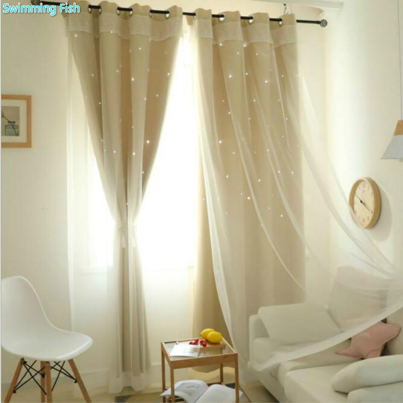 

2020 New Curtain Style 2 layer Hollow Stars Cloth+Voile With Lace Curtain Children Bedroom Living Room Window Shade Blind, Yellow