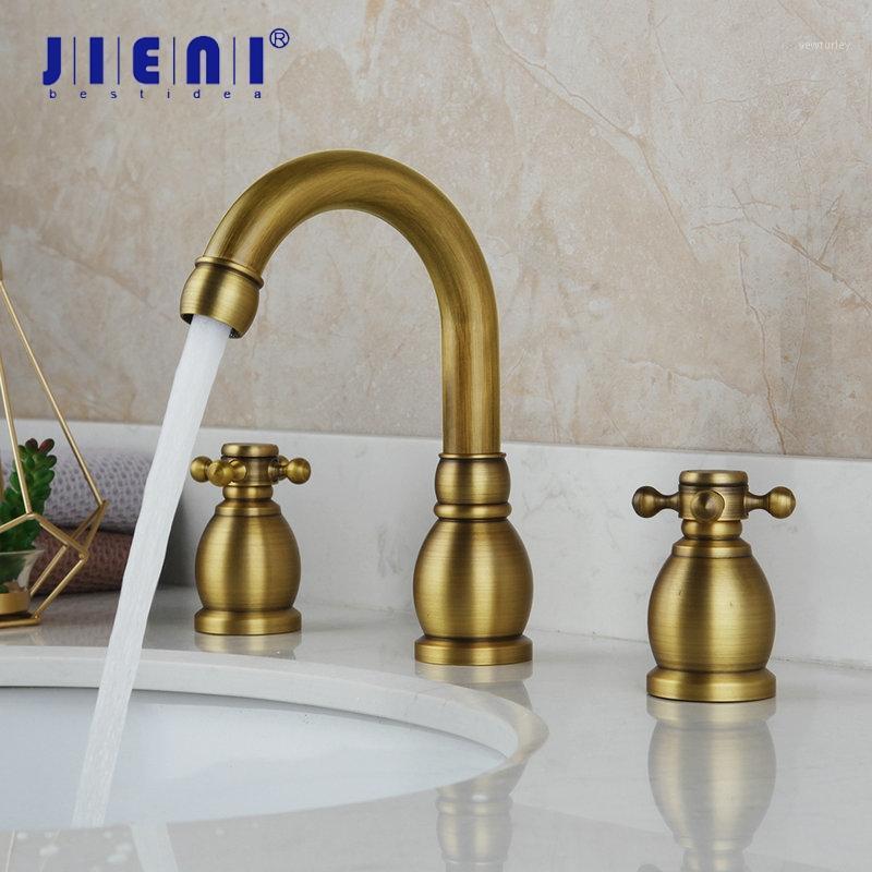 

JIENI Antique Brass Bathroom Bathtub Faucet 3 Pcs 2 Handles Swivel Basin Deck Mount Faucet Stream Deck Mounted Basin Mixer Tap1