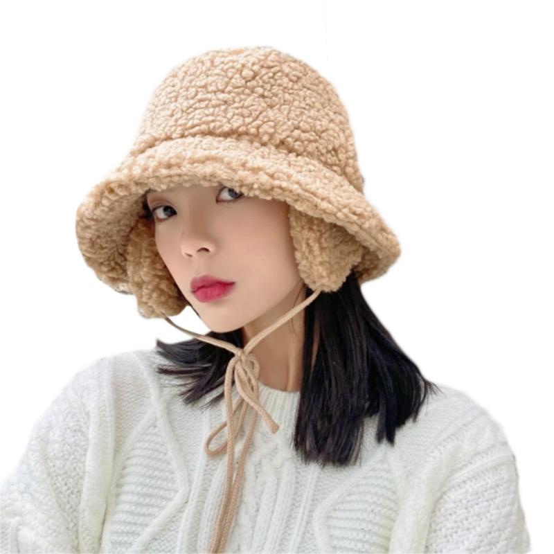 

Women Winter Faux Fleece Warm Bucket Hat with Earflap Chin Strap Fisherman Cap J78E, Black