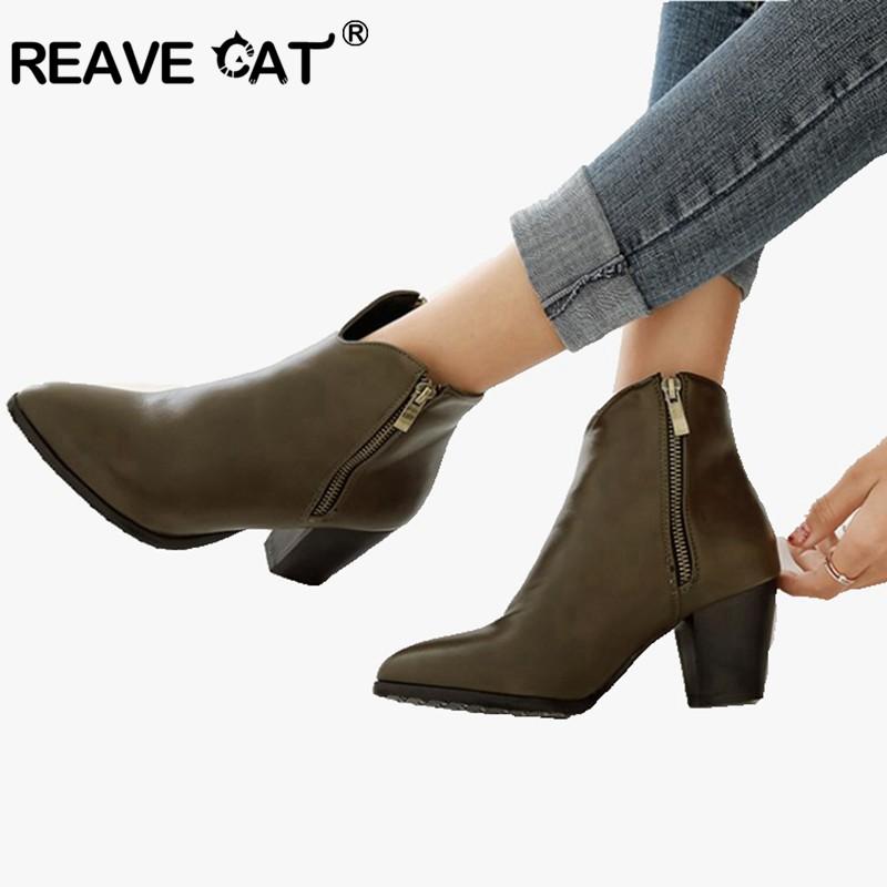 

REAVE CAT zipper ankle boots for Women cowboy Booties square heel Lady Winter Shoes Chunky short boots black large size 45 46