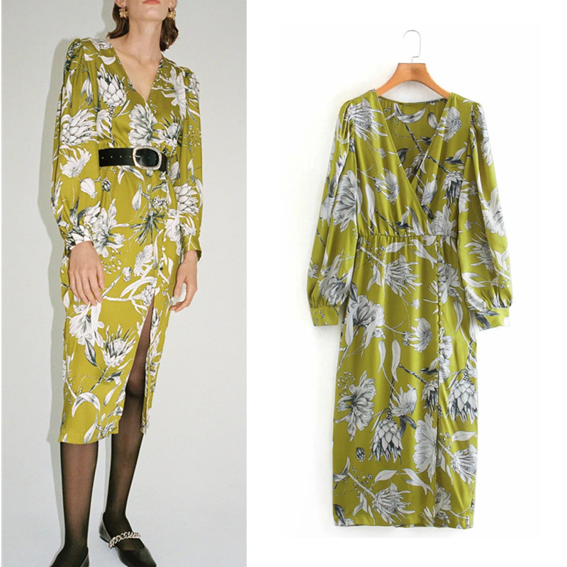 

2021 New Woman Yellow Print Midi Dress Women Elegant Fashion V-neck Puff Long Sleeve Hem Side Vents Office Ladies Dresses T87t