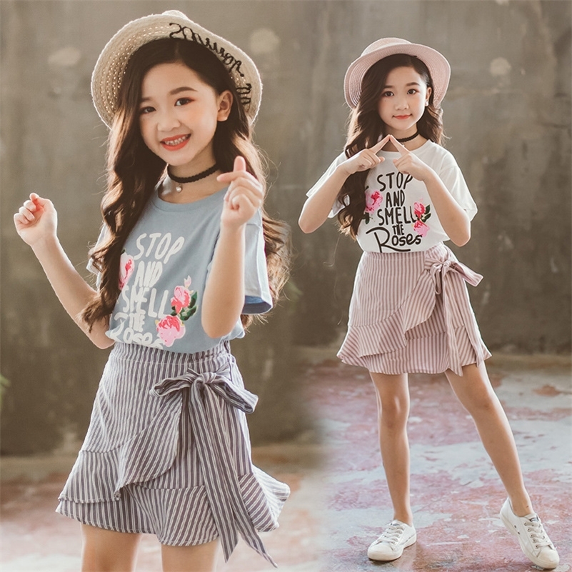 

Kids Clothes Girls Summer Sets Fashion Floral T-shirt +Striped Skirt 2 Pcs Casual Set For Girls Teenage Clothing Outfits T200707, White