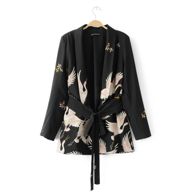 

Fashion Women Red Crowned Crane printing Kimono style jacket Casual Long sleeve Coat Vintage Knotted belt Loose Tops C215 201112, As pic