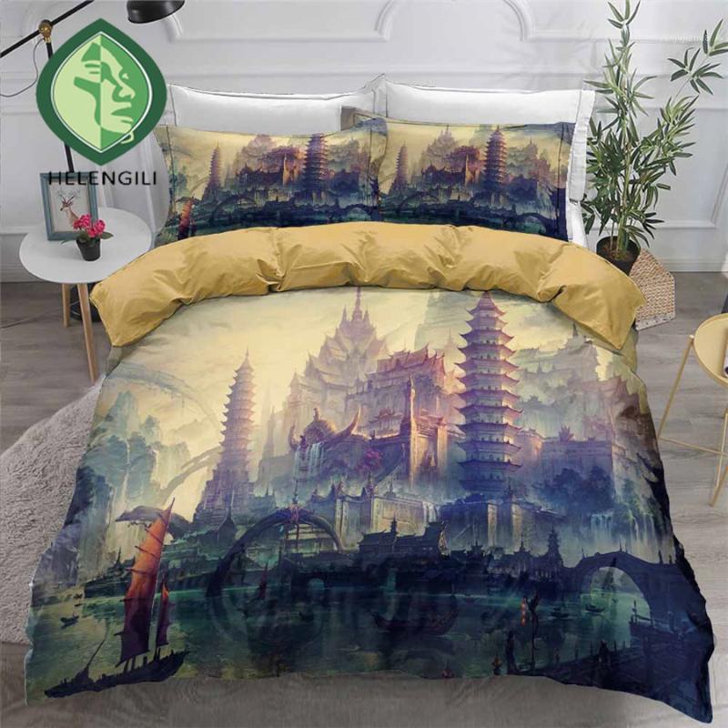 

HELENGILI 3D Bedding Set Chinese Scenery Print Duvet Cover Set Bedclothes with Pillowcase Bed Home Textiles #ZGFJ161, As pic