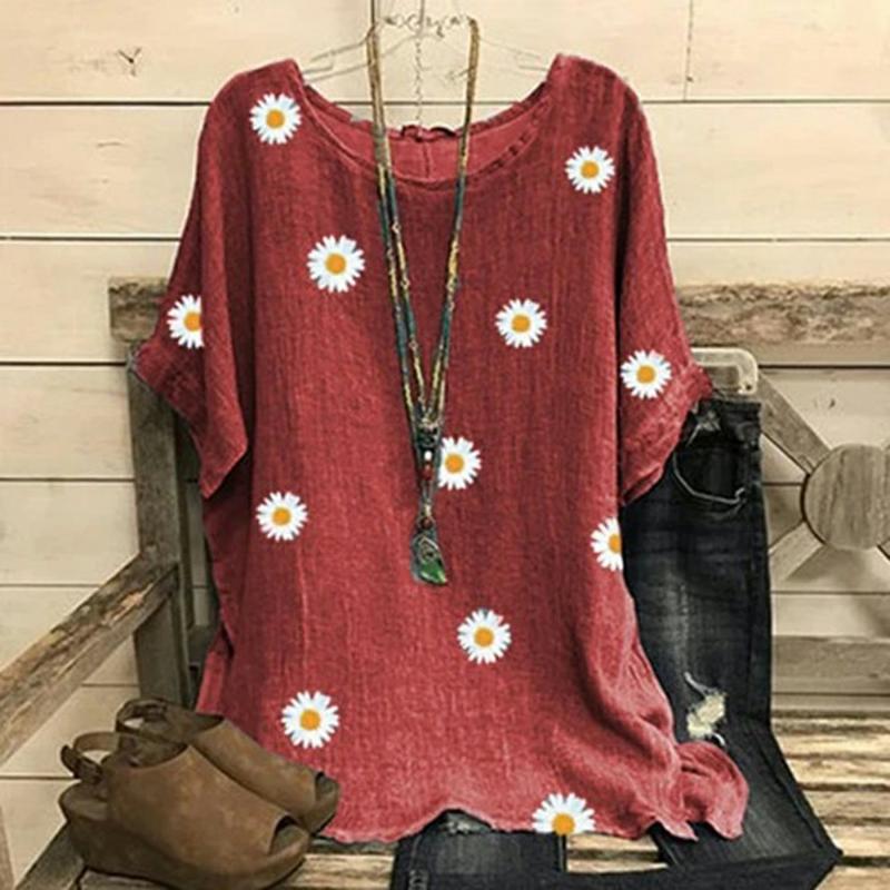 

Littlerossa Women Blouses Daisy Print O Neck Blouse Shirt Summer 2021 Sexy Short Sleeve Loose Cotton Linen Shirts Tops Feminino, Color 5