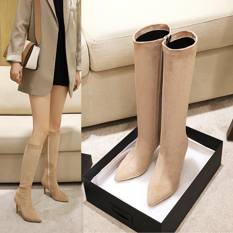 

Pointed toe mid-tube boots women's stretch side zipper stockings boots fashion all-match slim high-heeled sexy womenshoes1, Black