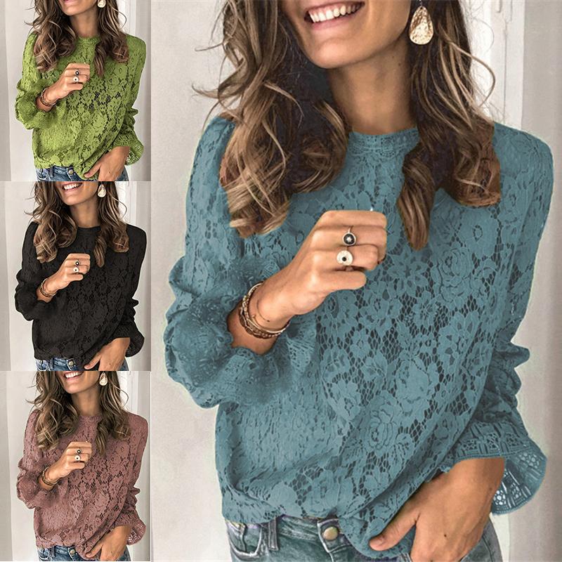 

Women's T-Shirt Sexy Hollow-Out Lace T-Shirts For Women Pullovers Elegant Fashion Flared Sleeves Solid Tshirt Autumn O-Neck Tops Camiseta Mu, White