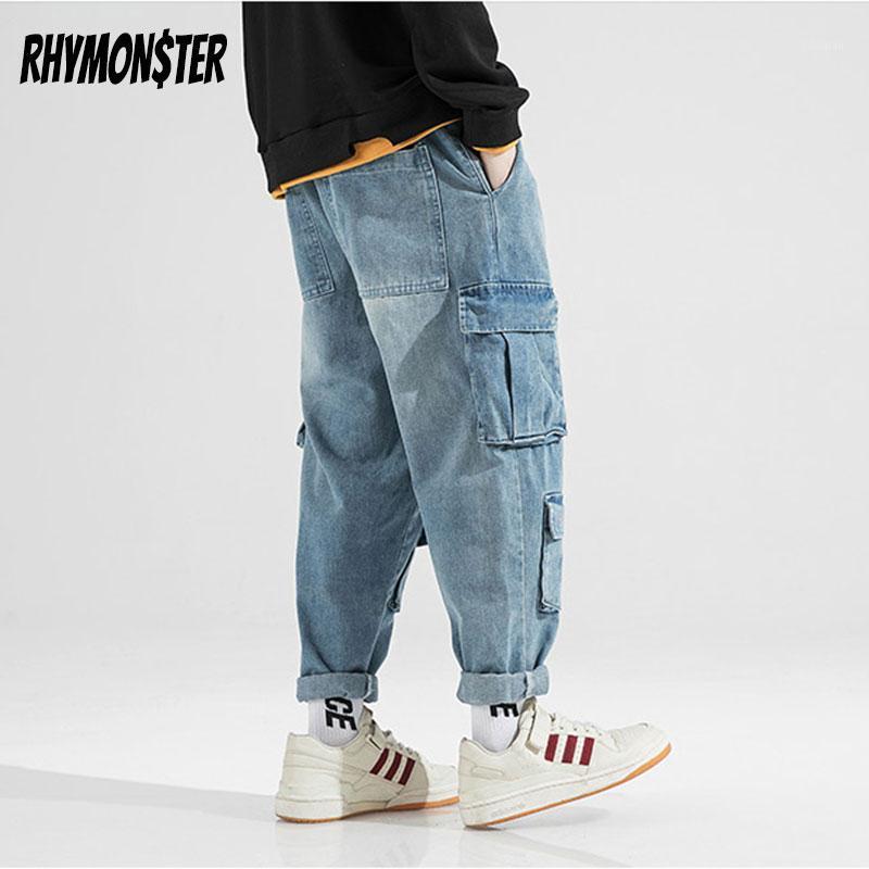

RHYMONSTER Mulit-Pockets White Washed Denin Jeans 2021 Hip Hop Fashion Streetwear Men High Street Casual Denin Harem Trousers1, Blue