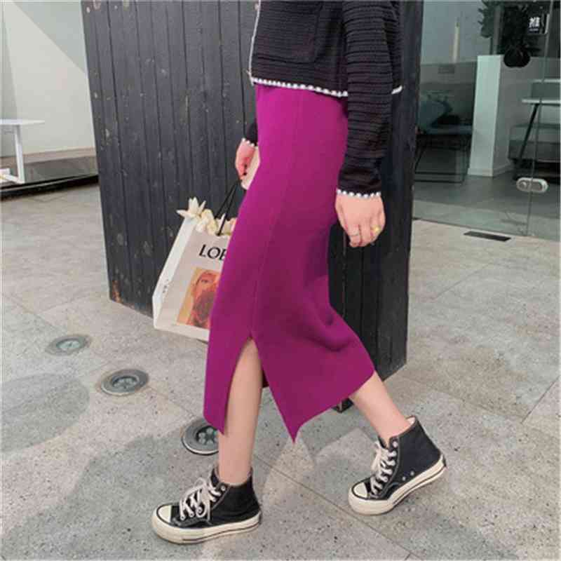 

Korean Style Beige Black Green Purple Tube Womens Knit Straight Skirt With Slit High Waist Long Pencil Skirt Womens