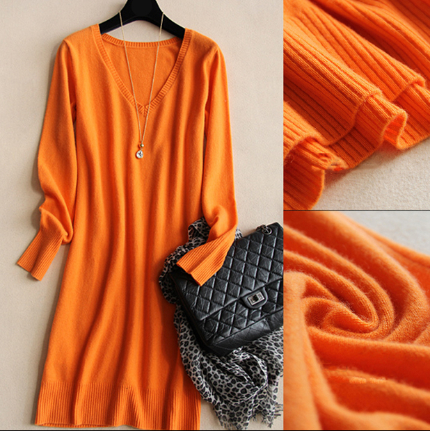 

2021 New Cashmere Autumn Winter Sweaters and Pullovers V-neck Knitted Long Sweater Women Pull Femme Hiver 7twj, Orange