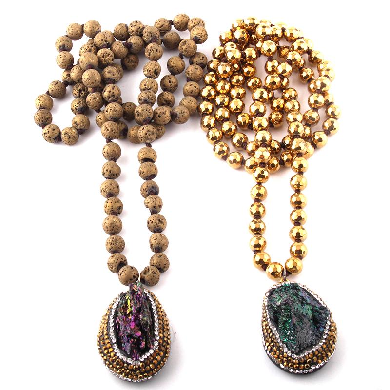 

Fashion Bohemian Jewelry Hematite/Lava Stones Knotted Natural Druzy Pendant Necklace