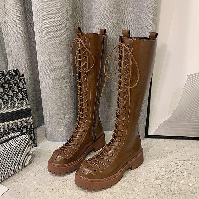 

Women's Long Boots Women Winter Knee High Lace Up Retro Leather Boots Motorcycle Riding Long Combat Boot Brown Black