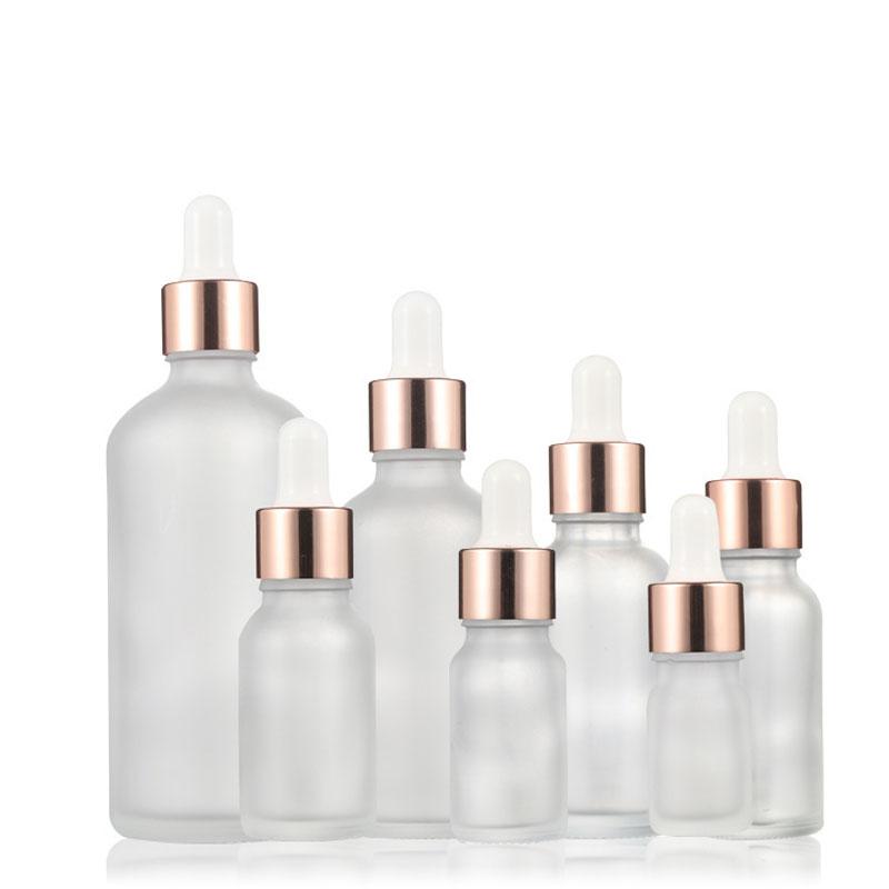 

10pcs/lot 5ml 10ml 15ml 20ml 30ml 50ml 100ml Frosted Glass Dropper Bottle For Essential Oil With Rose Gold Ring Dropper Cap