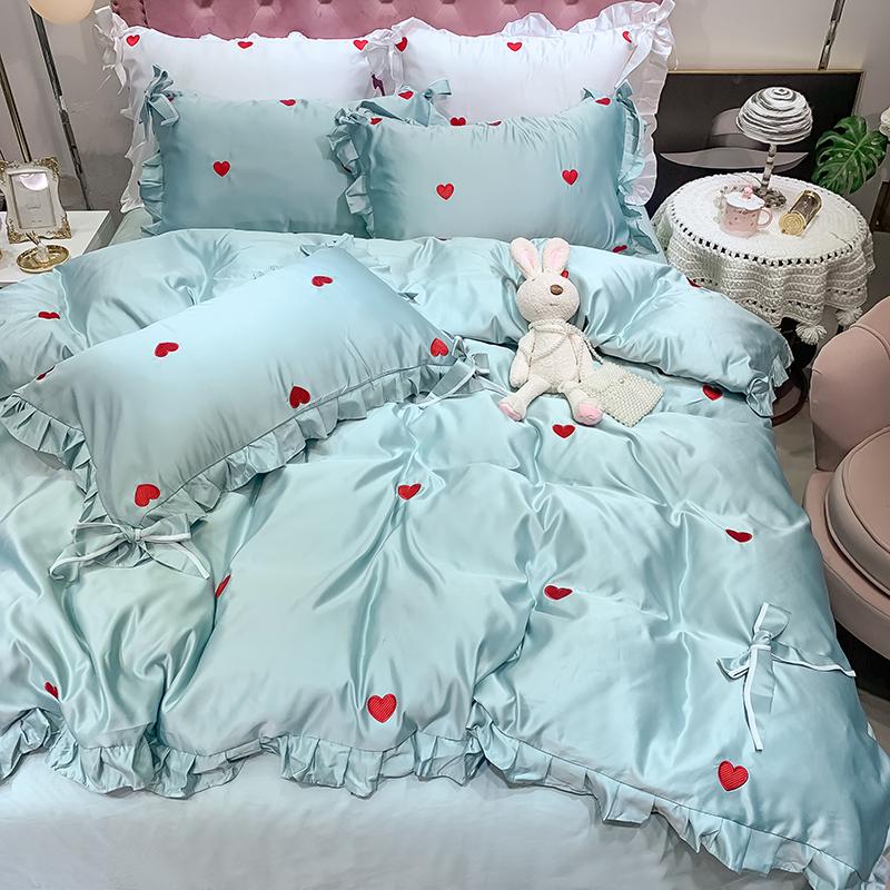 

New Luxury Silk Cotton Love Embroidery Princess Bedding Set Ruffle Bow Duvet Cover Bed Fitted Sheet Pillowcases Home Textiles
