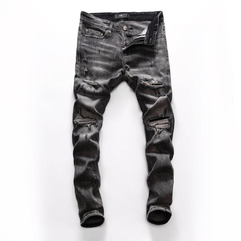 

European Style Mens Elastic Jeans Straight Denim Trousers Zipper Patchwork Slim Grey Hole Jean for Men, 8266