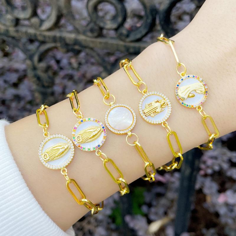 

Charm Bracelets Round Inlaid Zircon Virgin Mary For Women Gold Plated Chain Enamel Shell Bangle Wholesale Christian Jewelry Gift
