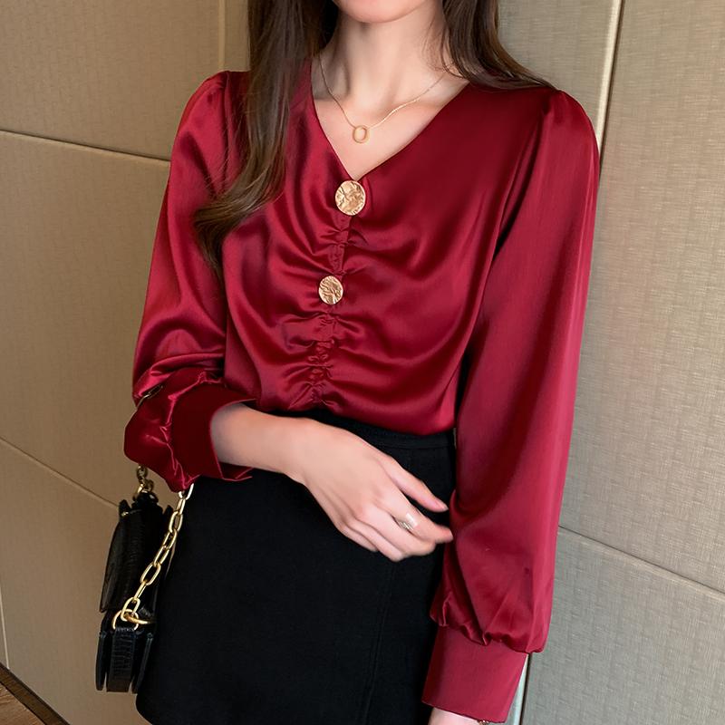 

Korean Fashion Women Silk Blouses Women Satin Shirt Plus Size Elegant Woman Spring V-neck Blouse Shirts Womens Tops Office Lady, Apricot