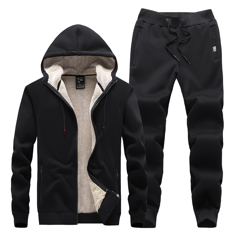 

Winter thick wool hot male training 2 piece defines jacket with hood + pants track clothing, Black