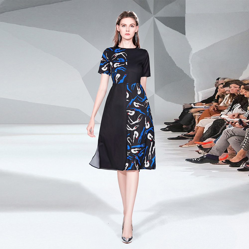 

2021 New Runway Fall Women Short Sleeve Robe Femme High Waist Fashion Print Designer Elegant Side Split Midi Vestidos Nbxy, The picture color