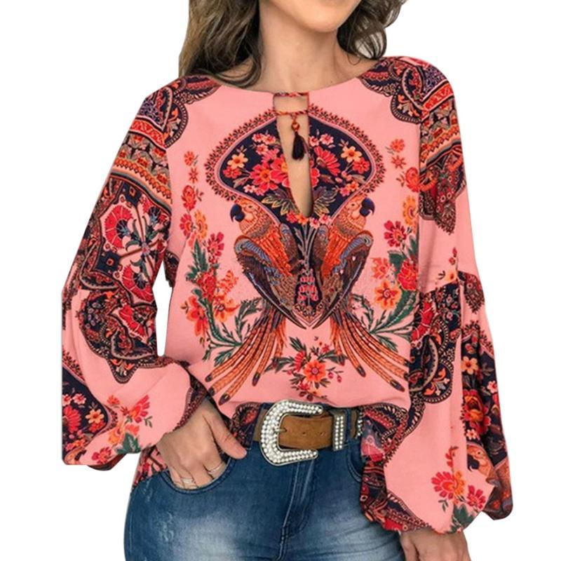 

Lantern Sleeve Daily Ladies Shopping Floral Printed Fashion Ethnic Style Women Shirts Spring Casual Crew Neck Loose Soft Outdoor, Blue