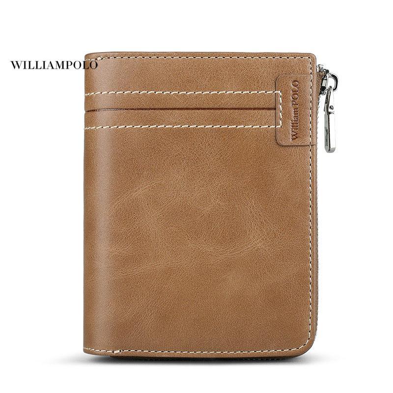 

2021 Vintage Wallets Men Small Genuine Leather Zipper Male Purse Cowhide Men Credit&id Multifunctional Walet POL308, Brown